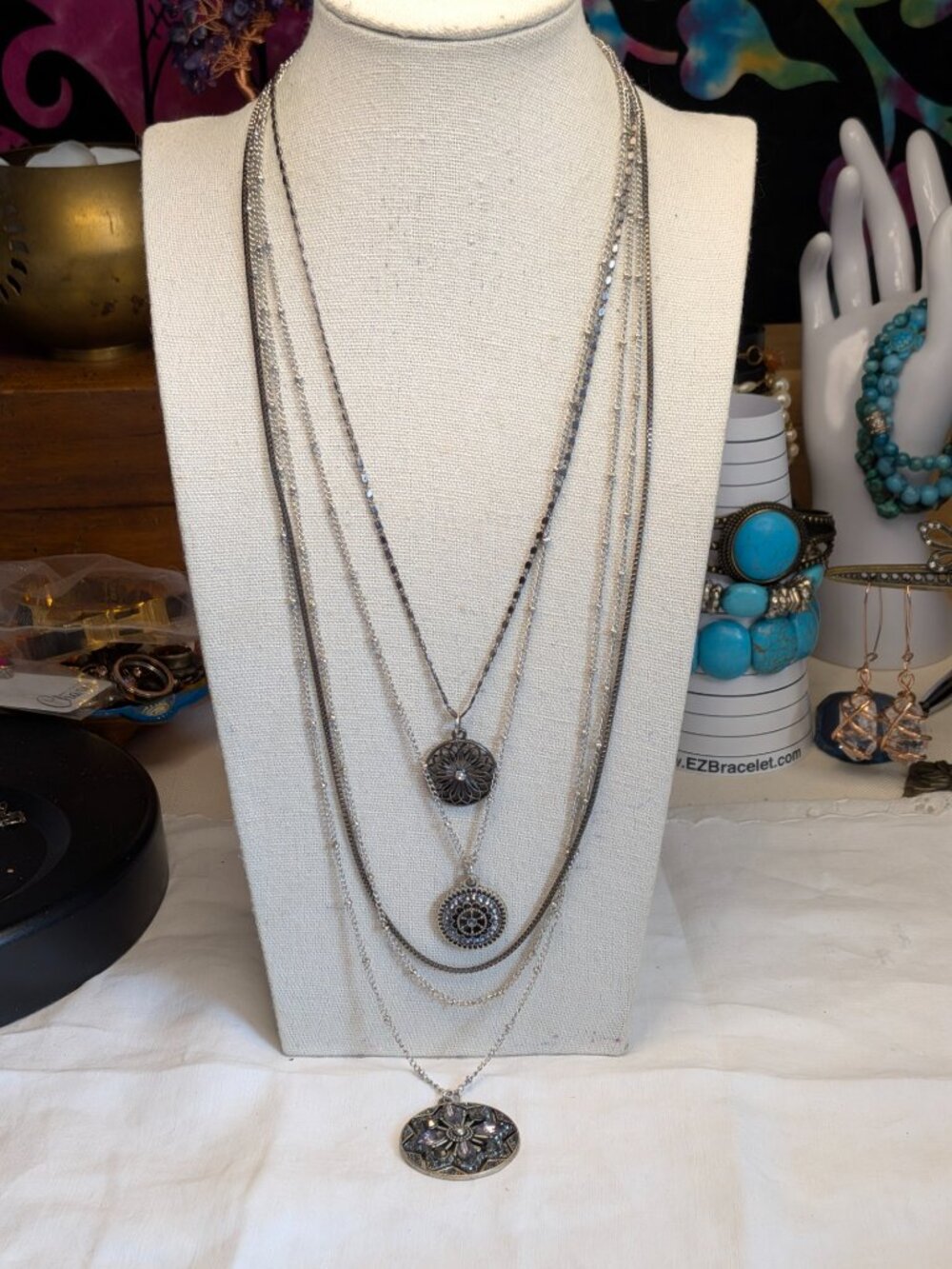 Five‑Layer Ornate Medallion Necklace – Gunmetal & Silver Tone, Rhinestone Accent
